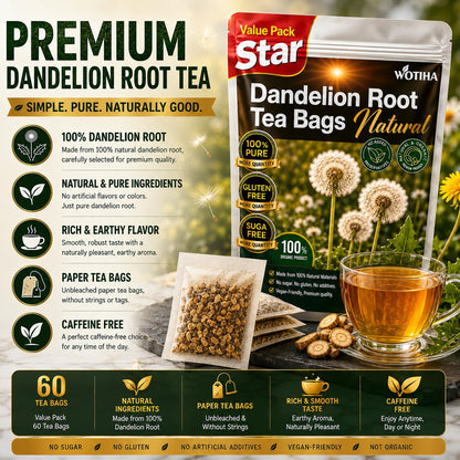 WOTIHA 60 Count Premium Dandelion Root Tea Bags - 100% Natural Roasted, Supports Liver & Kidney Health, Digestion & Immunity, Caffeine-Free, Additive-Free, Gluten-Free, Vegan.