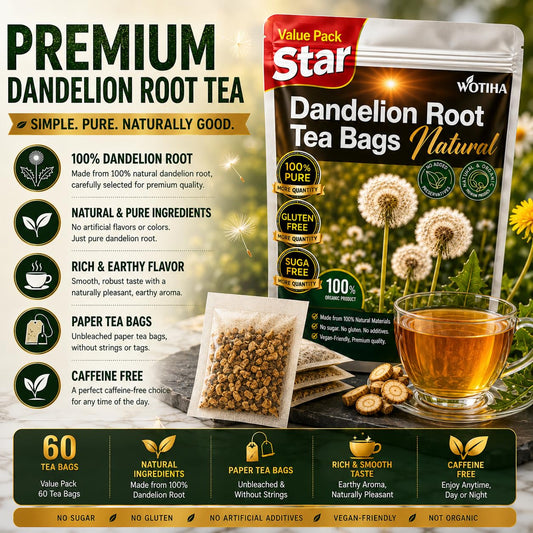 WOTIHA 60 Count Premium Dandelion Root Tea Bags - 100% Natural Roasted, Supports Liver & Kidney Health, Digestion & Immunity, Caffeine-Free, Additive-Free, Gluten-Free, Vegan.