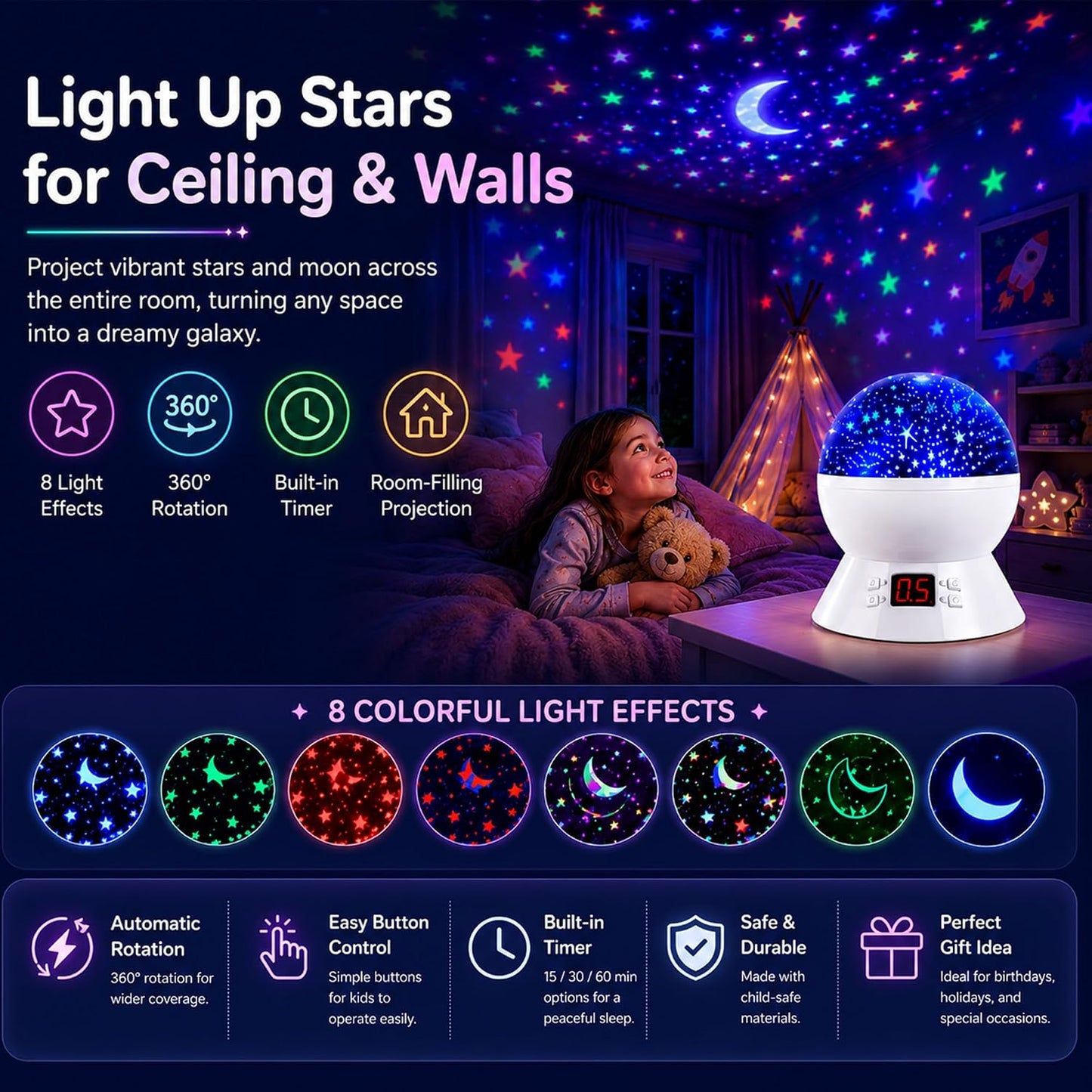 Kids Star Projector Night Light, Star Night Light Projector for Kids, Ceiling Stars Projection Lamp with Timer, 360° Rotating Night Light for Bedroom, Birthday Gift for 3 4 5 Year Old Girls Boys Black