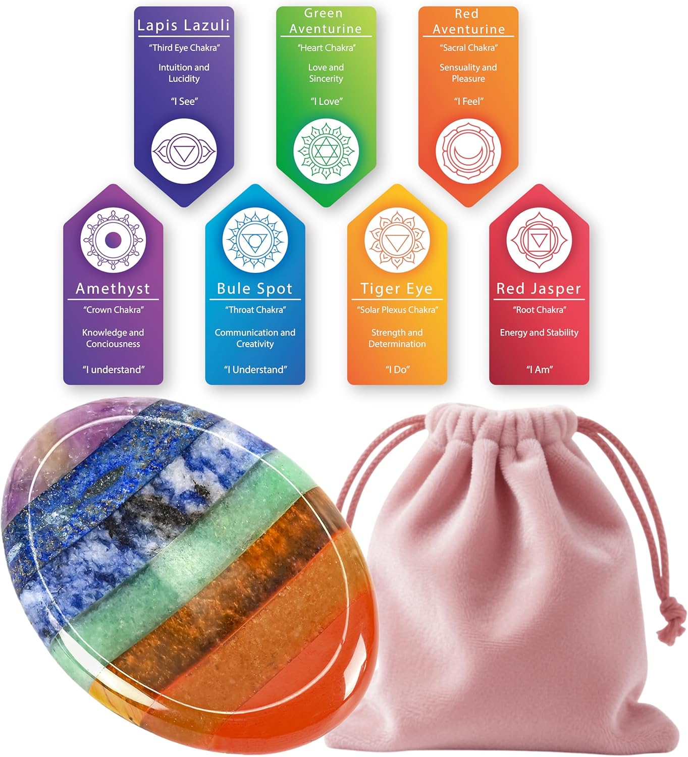 Gemstone Worry Stone, Chakras Worry Stone for Anxiety, Hand Carved Natural Pocket Palm Stones Water Drop Shape 7 Chakra Crystals and Healing Stones for Yoga Meditation 1.7"