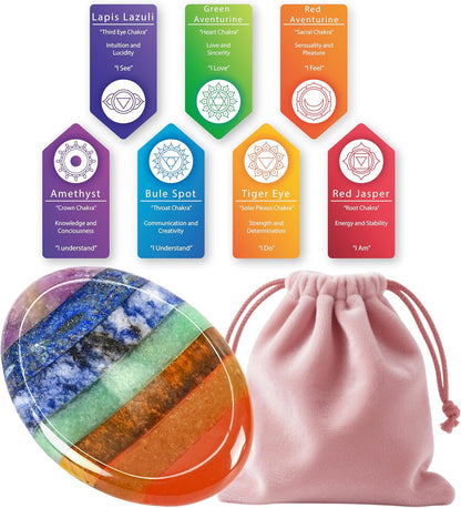 Gemstone Worry Stone, Chakras Worry Stone for Anxiety, Hand Carved Natural Pocket Palm Stones Water Drop Shape 7 Chakra Crystals and Healing Stones for Yoga Meditation 1.7"