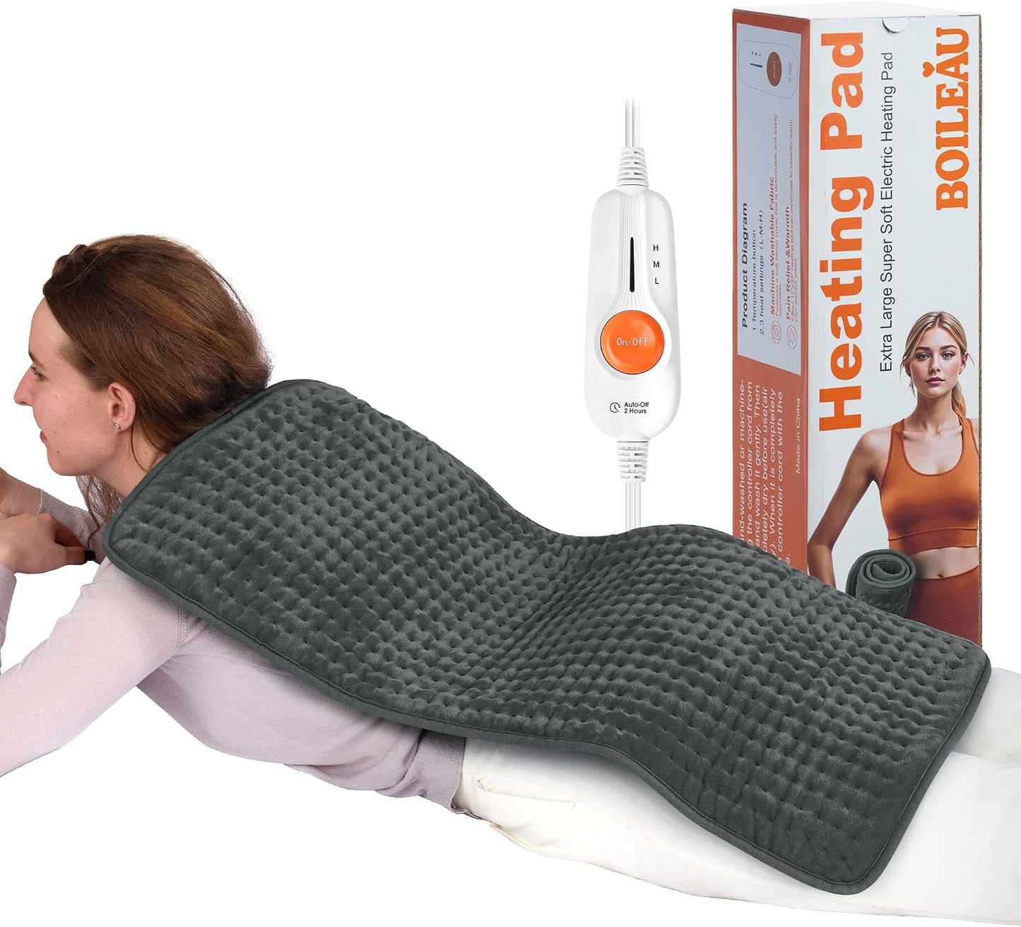 Boileau Electric Heating Pad for Back Pain and Period Cramps Relief, FSA Eligible17 x33 Extra Large XXXL, HSA 3 Heating Levels Heat Pad with 2-Hour Auto Shut Off, Gifts for Women and Mom, Blue