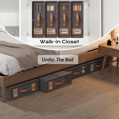 Bed Sheet Organizers and Storage (4 Pack, Queen & King Size) – Foldable Linen Closet Organizers with Window & Label, Zipper Bedding Storage Box for Sheets, Duvet Covers, Pillow Cases – Gray