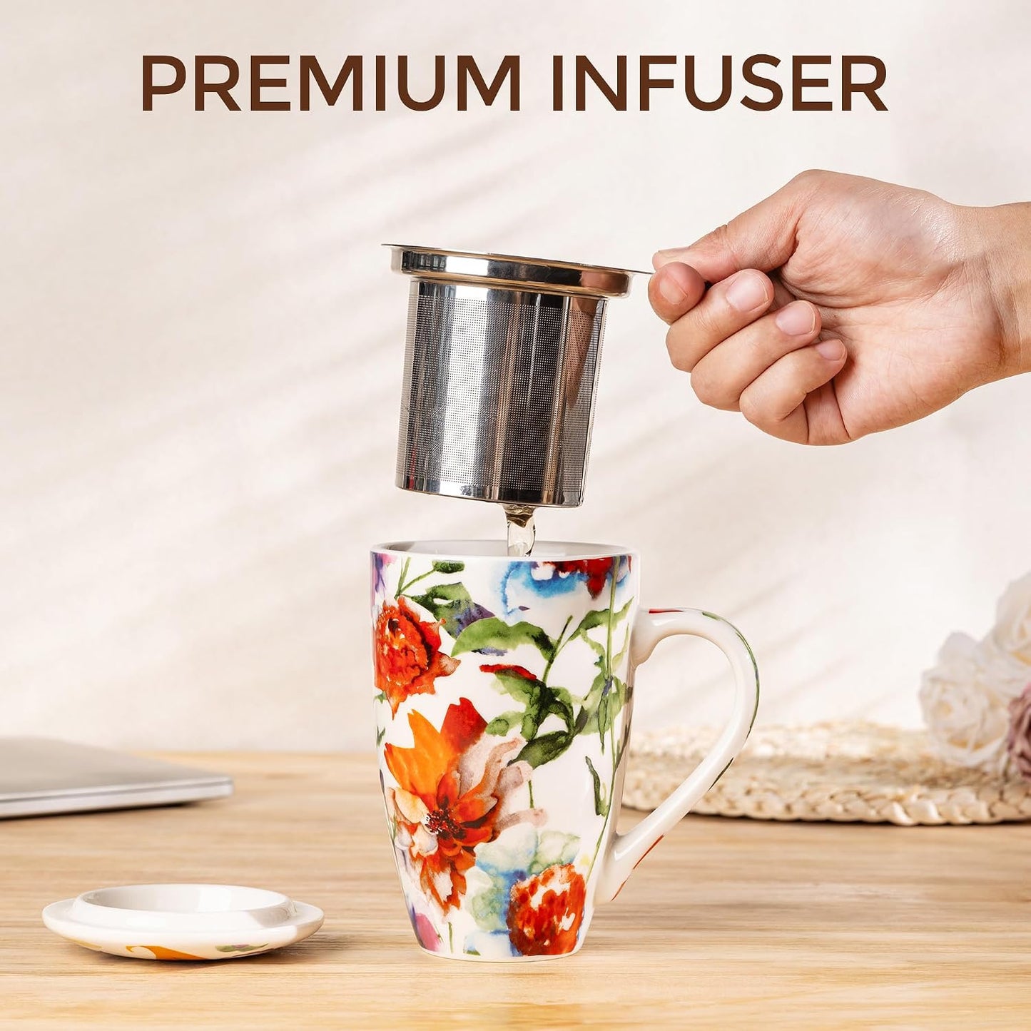 GBhome Tea Mug with Infuser and Lid, 18 Ounce Large Ceramic Loose Leaf Cup, Microwave, Dishwasher Safe, Perfect for Tea Lovers