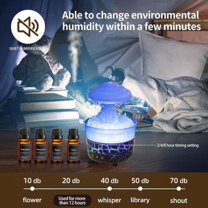 BOHOFAM Aroma Essential Oil Diffuser,Rain Cloud humidifier Simultaneously Water Drip and Air Mist,Rain Diffuser with 4 Hotel Collection Essential Oils for Home,Bedroom,Colorful Light(Black)