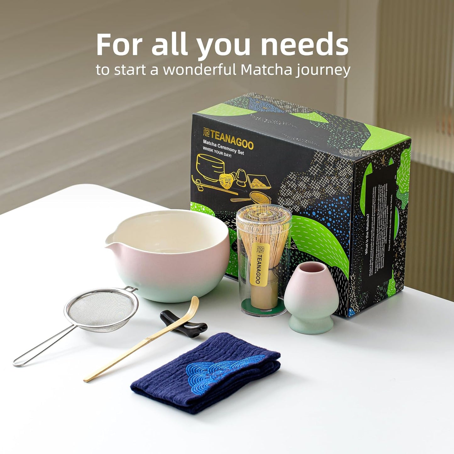 TEANAGOO Matcha Whisk Set Black,7 Pcs Matcha Set,Matcha Kit for Ceremony,Tradition Tea Set for Making Breakfast/Latte,Matcha Whisk Set with Bowl(Chawan)/Whisk and Holder,Gift for Family/Friend
