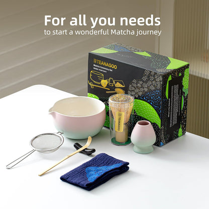 TEANAGOO Matcha Whisk Set Black,7 Pcs Matcha Set,Matcha Kit for Ceremony,Tradition Tea Set for Making Breakfast/Latte,Matcha Whisk Set with Bowl(Chawan)/Whisk and Holder,Gift for Family/Friend