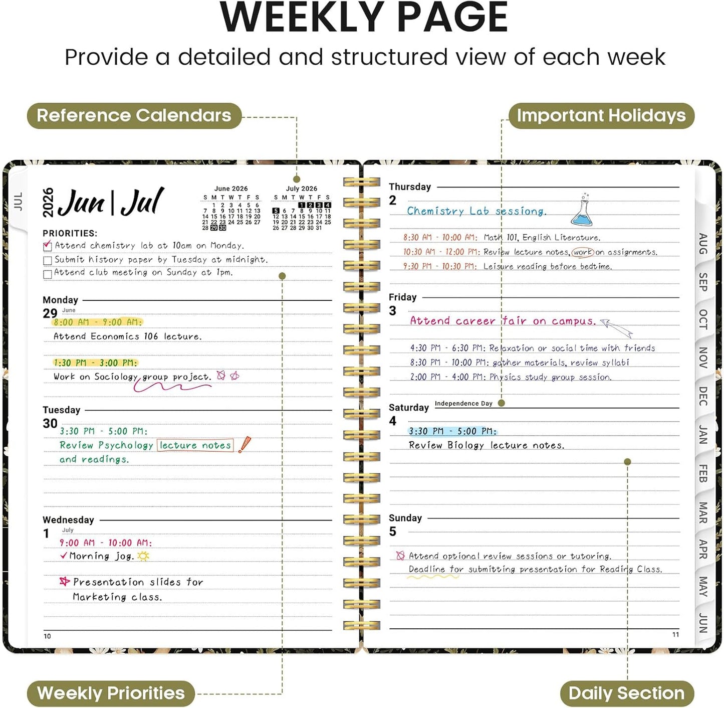 Planner 2026-2027, Academic Monthly and Weekly Calendar Planner for Women, July 2026 - June 2027, Hardcover Pretty Agenda Planner Book with Tabs, Spiral Daily Organizer for School Office Home Supplies, 6.3" x 8.5" - Blue Floral