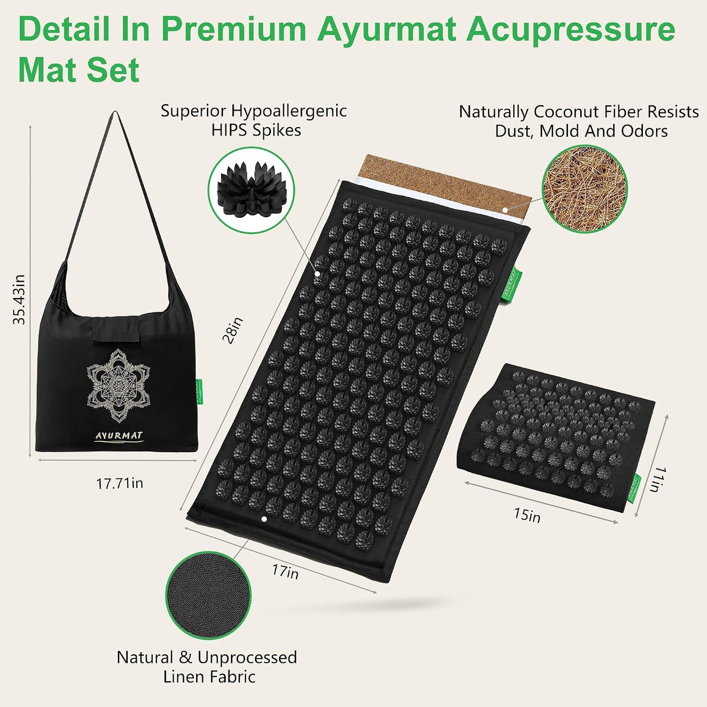 Acupressure Mat and Pillow Set - Full Body Pro Kit for Stress Relief, Muscle Relaxation & Pain Relief - Natural Eco-Friendly Linen & Coconut Fiber Mat - Includes Carrying Bag (Black)