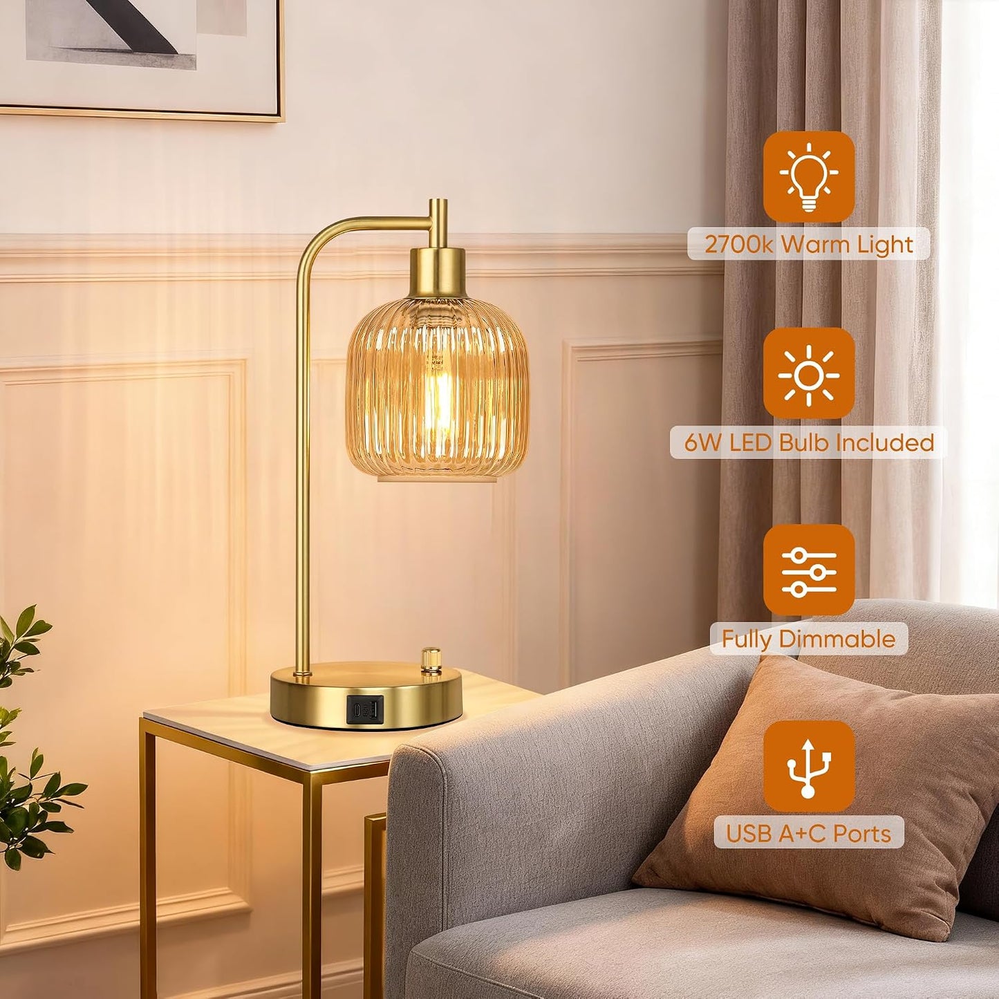 QiMH Industrial Table Lamp for Bedroom Set of 2, Green Glass Beside Lamp with USB A&C Ports, Stepless Dimmable Gold Lamps, Nightstand Lamps for Living Room, Office, Home Decor(Bulb Included)