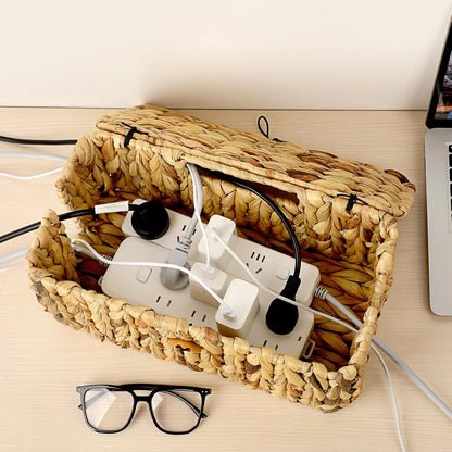 BTSKY Woven Cable Management Box with Lid Water Hyacinth Cord Organizer, S