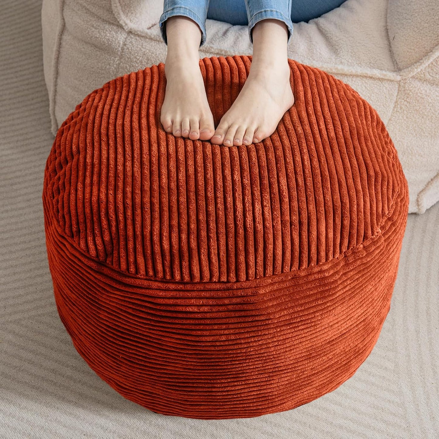 HIGOGOGO Round Stuffed Pouf Ottoman, Corduroy Poufs with Foam Chunk Filling, Furry and Fluffy Pouf Foot Stool Storage Ottoman, 20 X 15 Floor Poufs Foot Rest for Living Room, Dark Grey