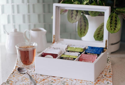 Break Tradition Wooden Tea Organizer For Tea Bags - 6 Compartments, Clear Top Window, Lid Stays Open (Black)