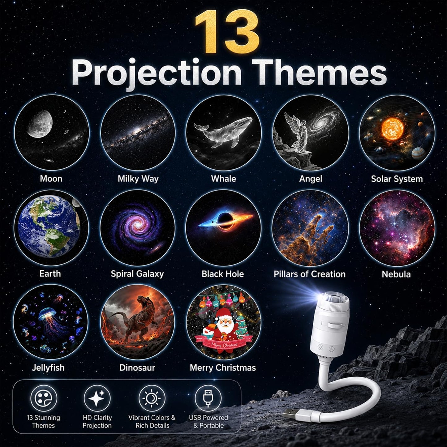 Galaxy Starry Sky Night Light Projector, 2-in-1 Portable with 12 Projection Films, 360° Adjustable Brightness Control Eye‑Caring LED Night Light for Kids Adults Bedroom Home Ceiling Car Decor Gift