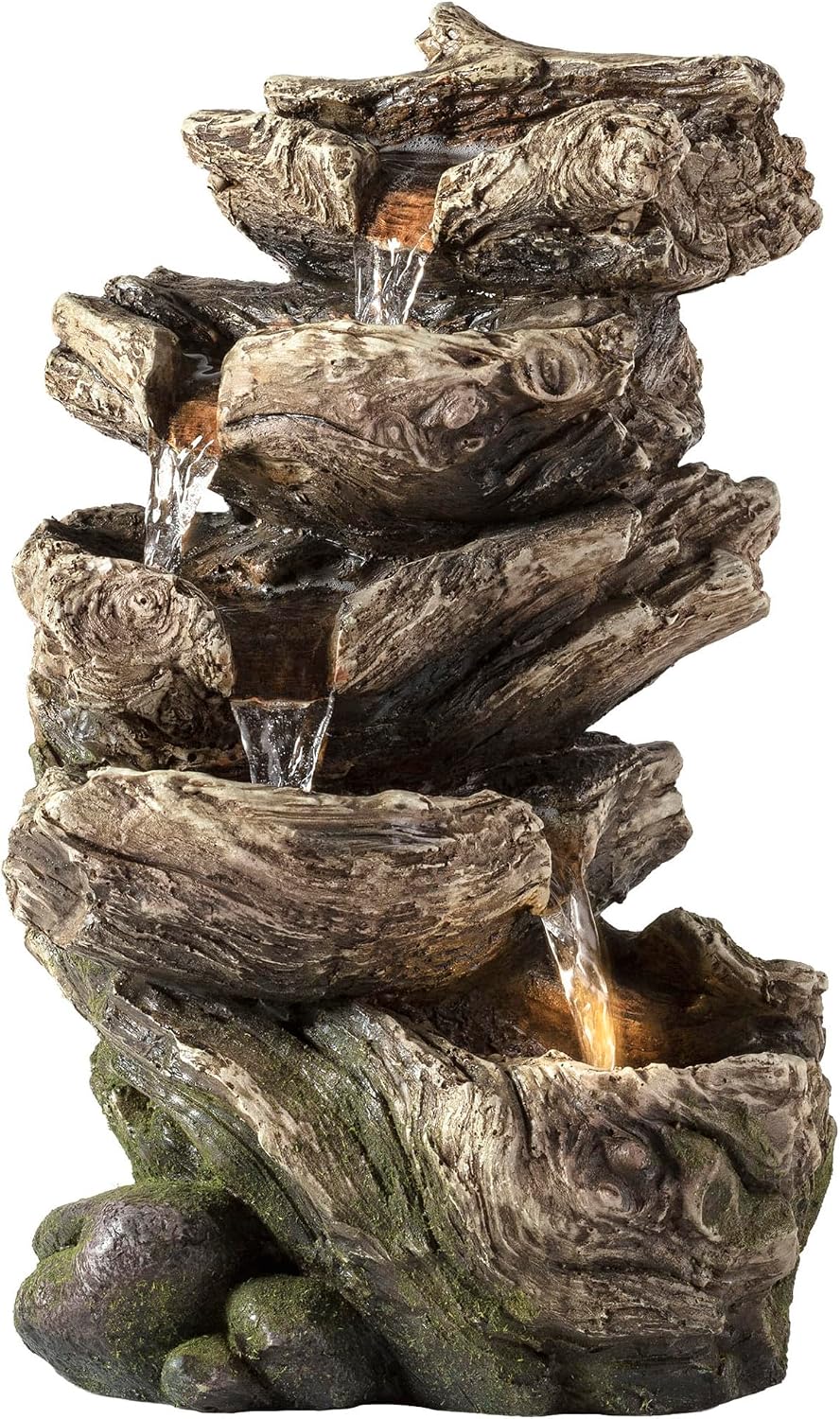 Alpine Corporation | 14"H Indoor Tiered Log Tabletop Fountain with LED Lights — Cascading Waterfall Design Creates Relaxing Ambiance for Home & Office Décor