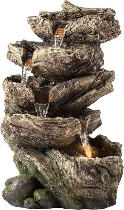 Alpine Corporation | 14"H Indoor Tiered Log Tabletop Fountain with LED Lights — Cascading Waterfall Design Creates Relaxing Ambiance for Home & Office Décor