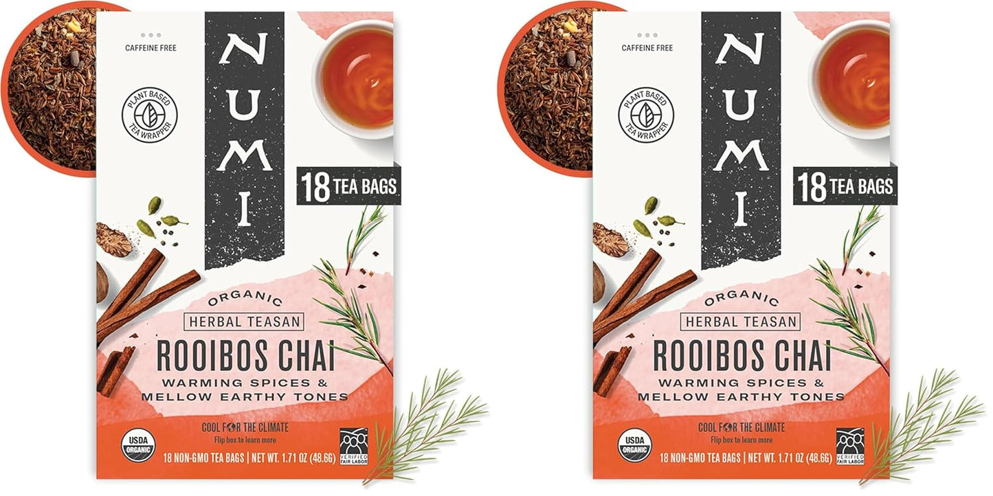 Numi Organic Rooibos Chai Tea, 18 Herbal Bags, Microplastic Free, Rich Flavor with Cinnamon, Allspice & Ginger, Caffeine Free