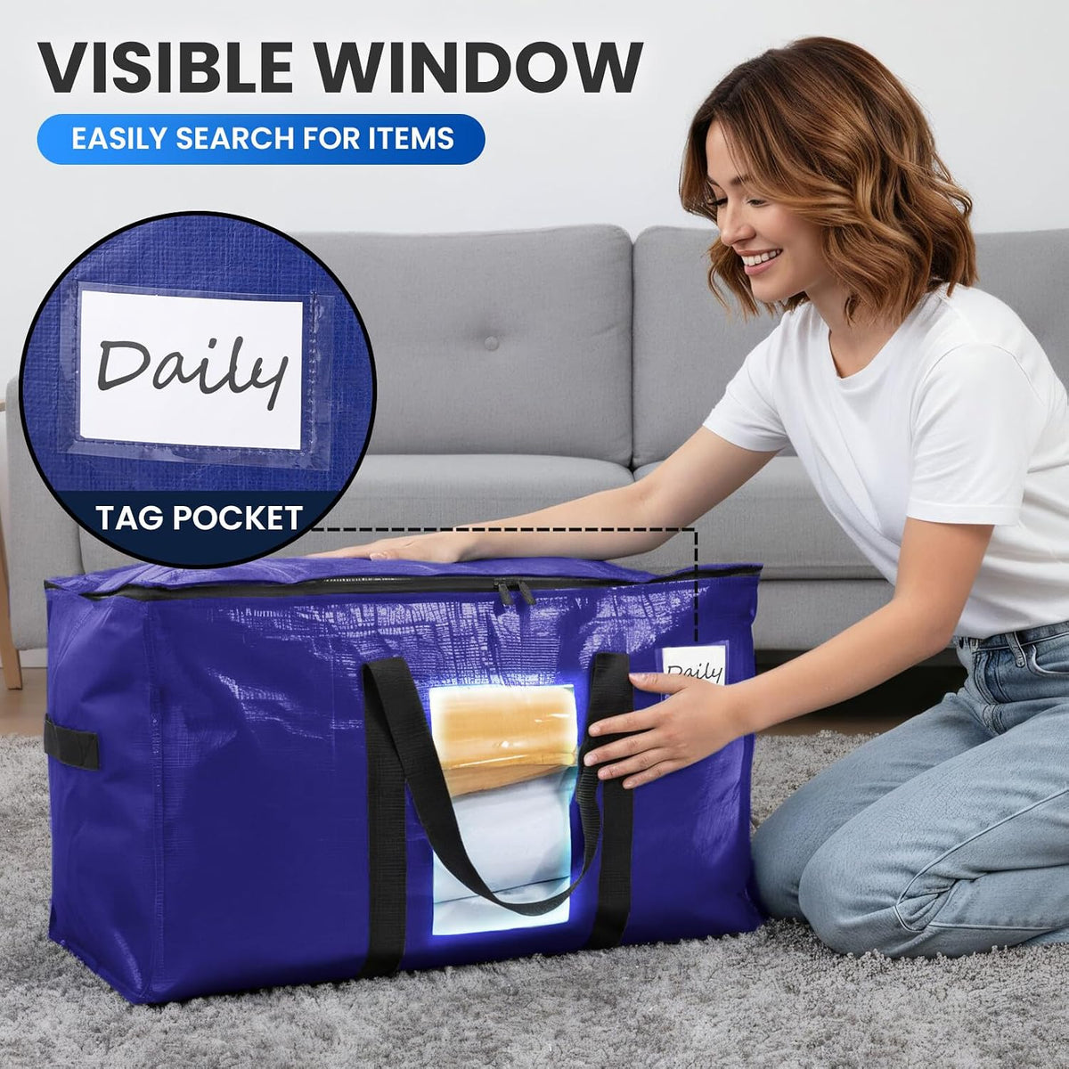 TAILI Blue Extra Large Moving Bags,Storage Bags with Visible Window