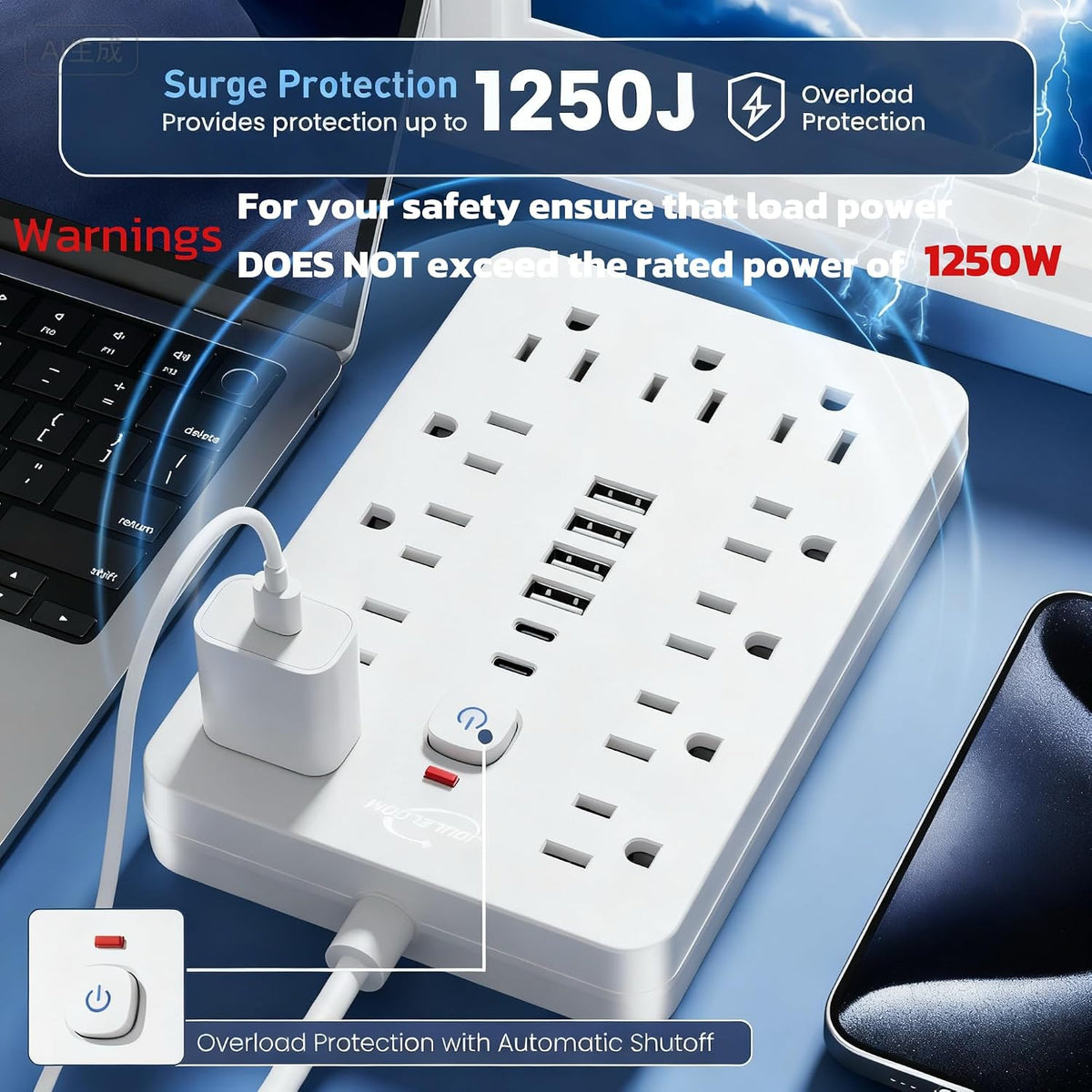6 FT Flat Plug Surge Protector Power Strip,11 AC Outlets with 6 USB Ports