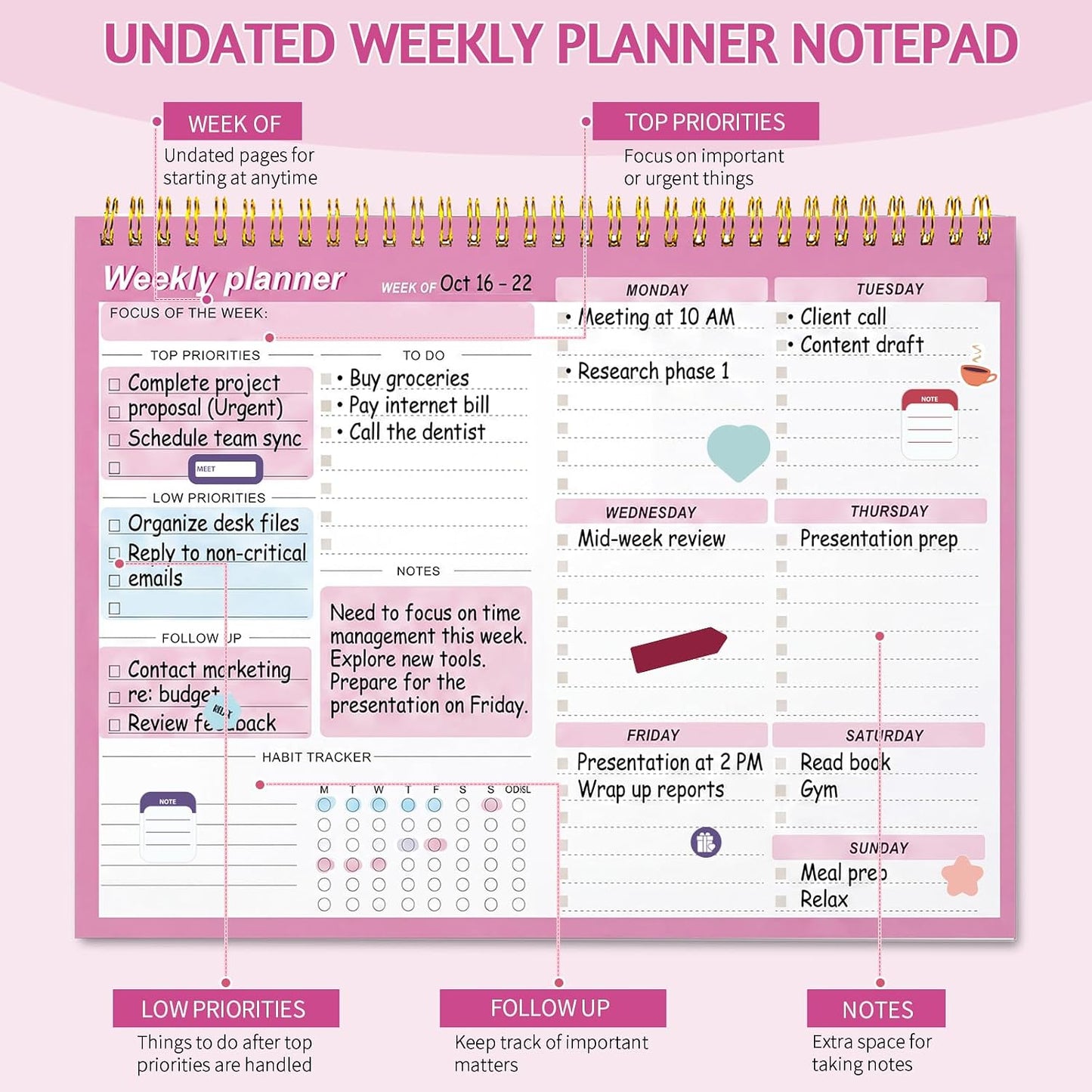 Weekly To Do List Notepad, 8.5''x11'' Weekly Desk Planner with 52 Tear Off Sheets Undated Weekly Planner Habit Tracker & Productivity Organizer for Home and Work, Pink