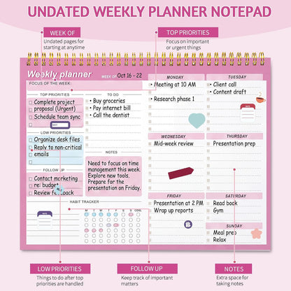Weekly To Do List Notepad, 8.5''x11'' Weekly Desk Planner with 52 Tear Off Sheets Undated Weekly Planner Habit Tracker & Productivity Organizer for Home and Work, Pink