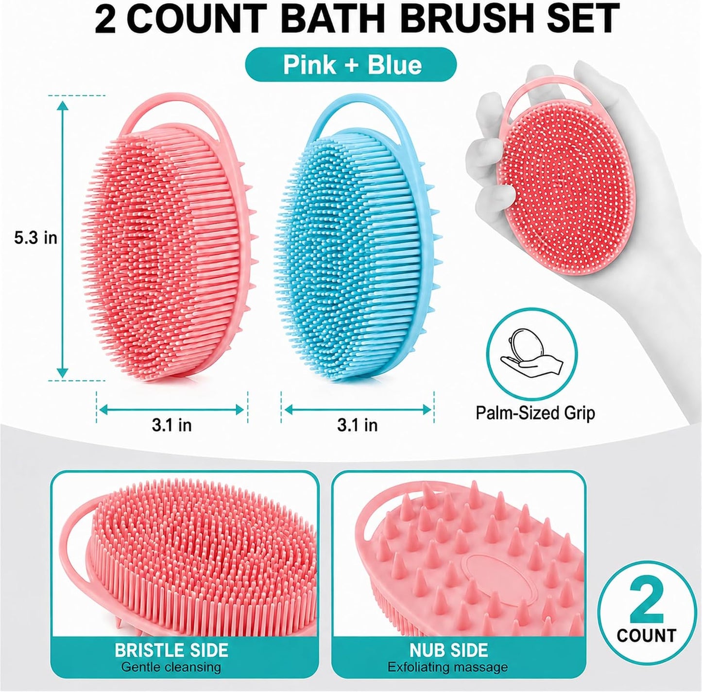 2 Pack Silicone Body Scrubber, Loofah Double-Sided Body Brush,Shower Scrubber and Scalp Massager Shampoo Brush for Sensitive Kids Women Men All Kinds of Skin (Black & Pink)