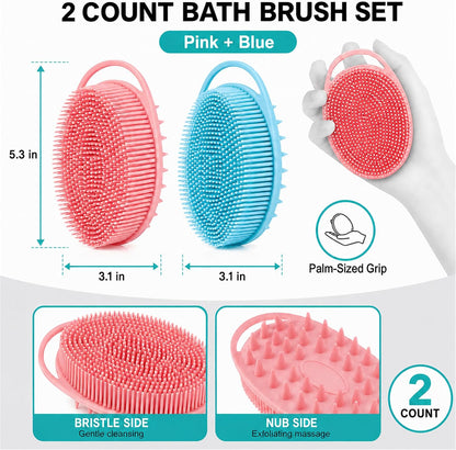 2 Pack Silicone Body Scrubber, Loofah Double-Sided Body Brush,Shower Scrubber and Scalp Massager Shampoo Brush for Sensitive Kids Women Men All Kinds of Skin (Black & Pink)