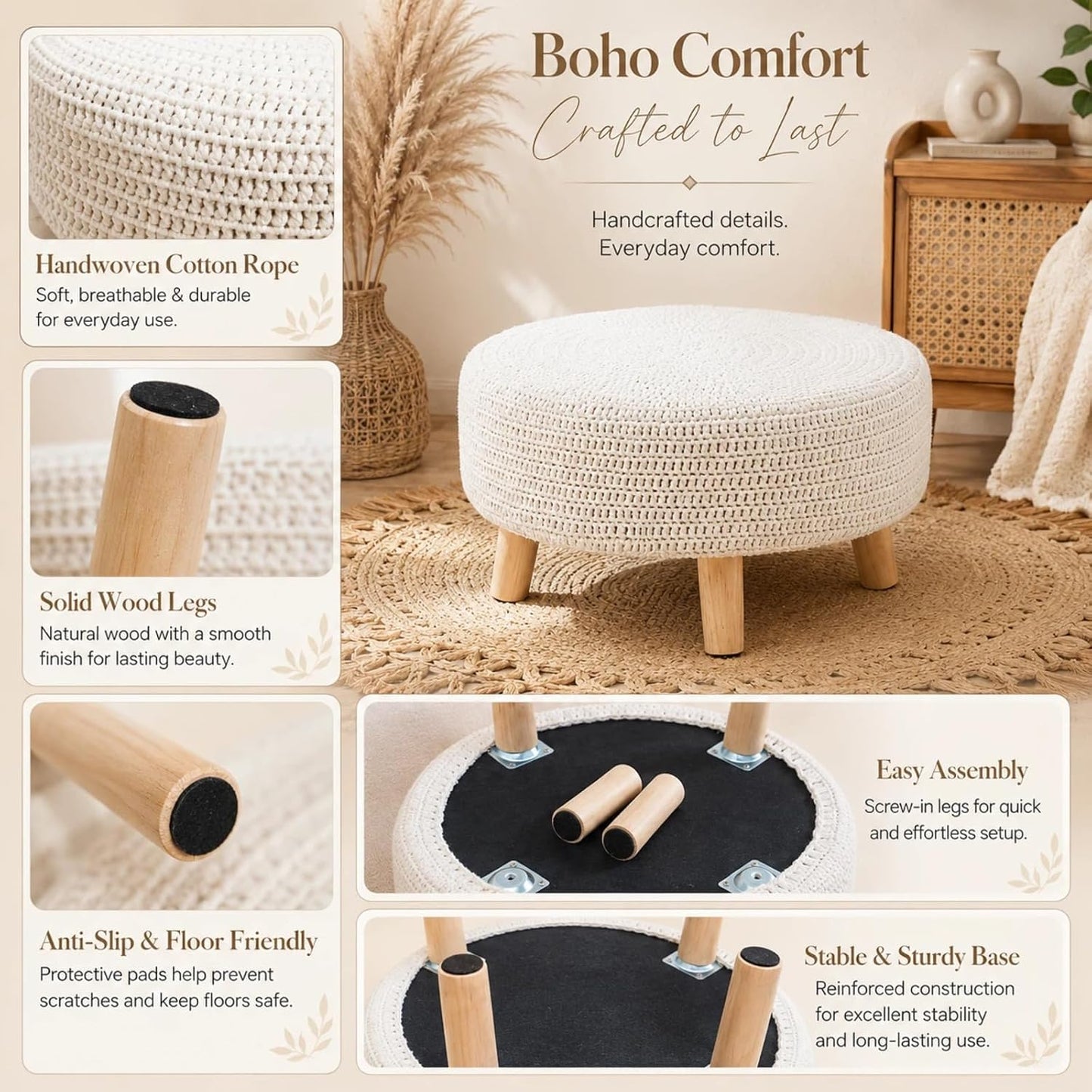 Wimarsbon Pouf Ottoman, 100% Cotton Knitted Boho Footstool, Round Footrest with Non-Skid Wood Legs, Home Décor Handmade Pouffe, Leisure Floor Step Stool for Living Room (Beige)