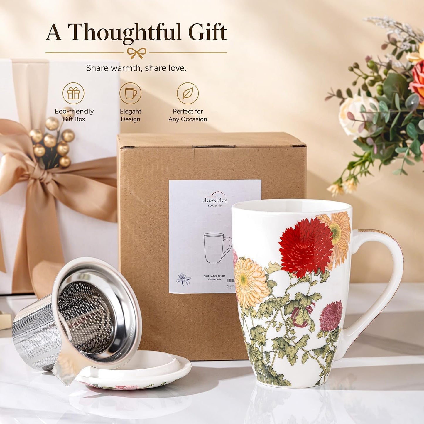 AmorArc 18oz Porcelain Tea Mug with Infuser & Lid, Loose Leaf Tea Cup with Stainless Steel Strainer, Large Coffee Mug Gift for Women, Tea Lovers, Home & Office