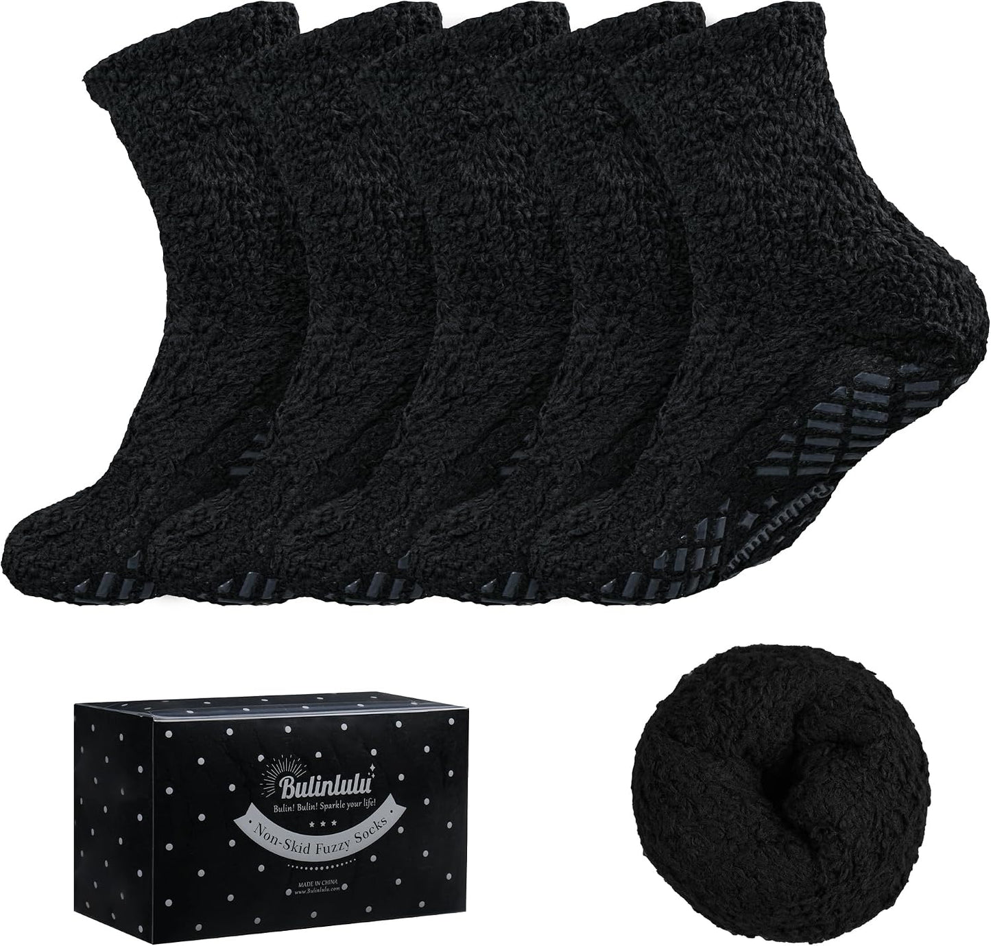 Bulinlulu Fuzzy Socks With Grips for Women, 5 Pairs Non Slip Sleep Warm Fluffy Slipper Socks Gifts for Women