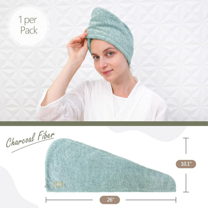 myHomeBody Hair Towel Wrap, Luxury Quick Drying Turban, Ultra Soft Absorbent Charcoal Fiber Cap, with Coconut Shell Button – Gray
