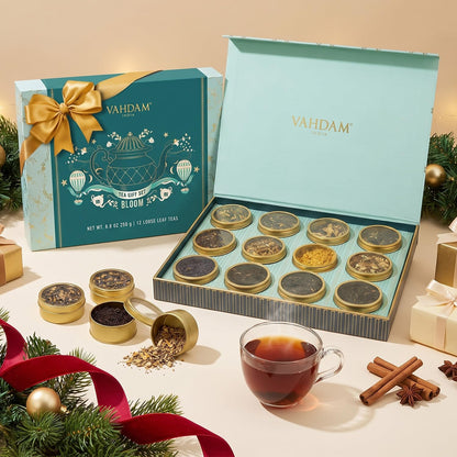 VAHDAM, Bloom - Assorted Tea Gift Set (12 Loose Leaf Tea) Tin Caddy Presentation Box | Gluten Free, Non GMO | Tea Gift Set for Women & Men