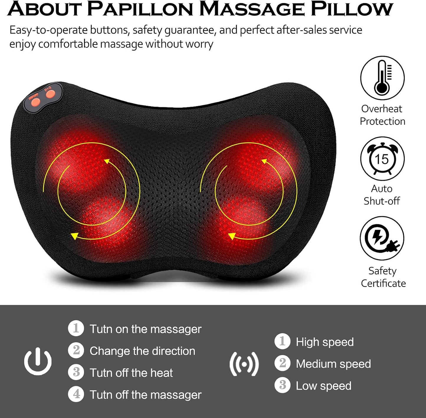 Papillon Back Massager with Heat,Shiatsu Pillow for Body Pain Relief Gray