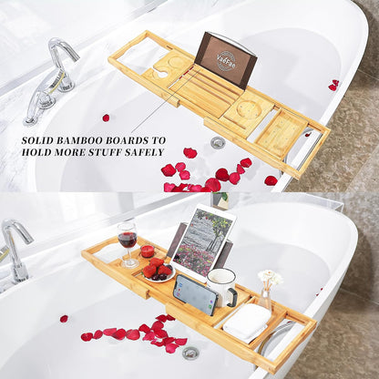 VaeFae Premium Teak Bathtub Tray, Expandable Wooden Bath Tray for Tub, Luxury Bathtub & Bathroom Accessories, Great House Warming, Anniversary & Wedding and Birthday Gifts (Free Teak Body Brush)
