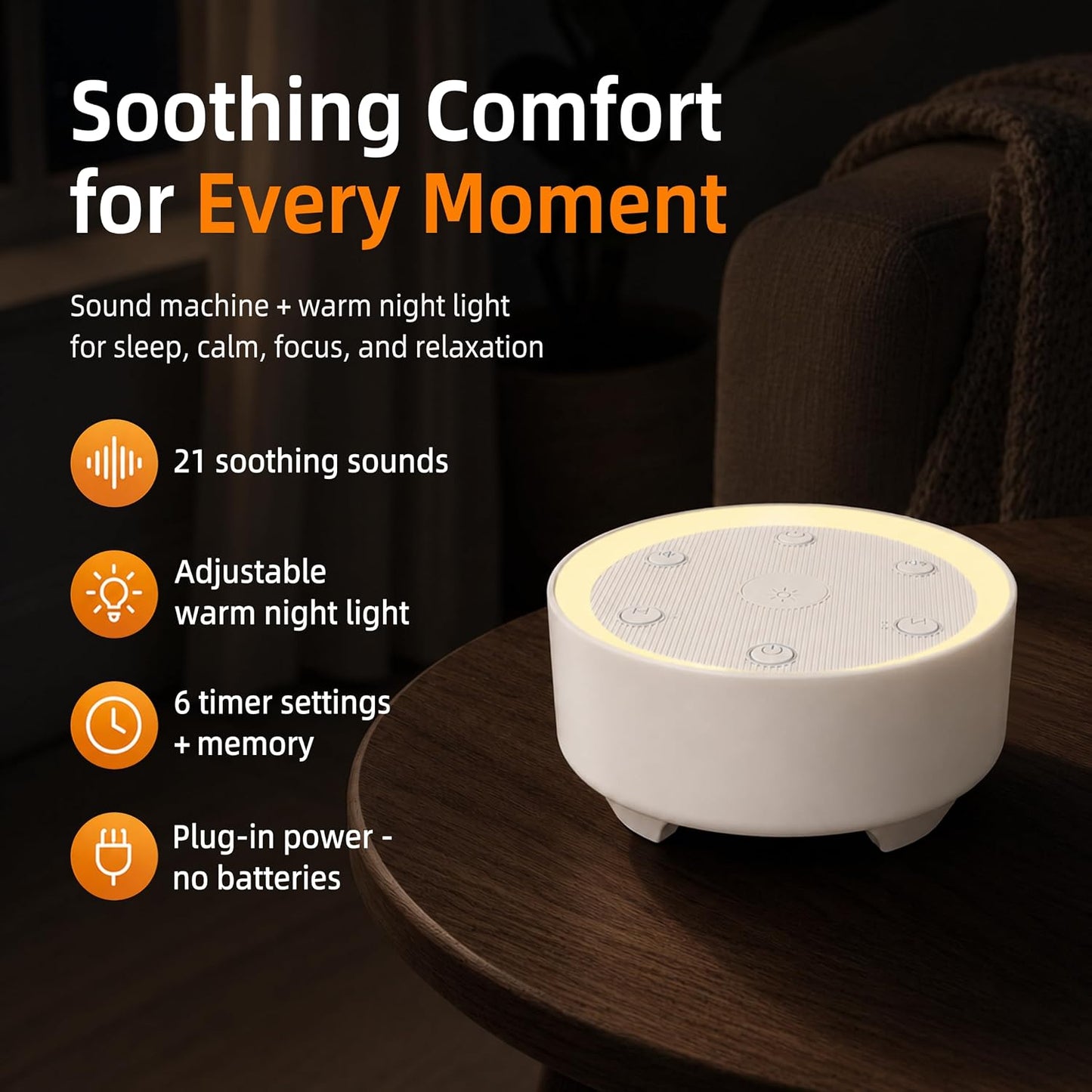 Kipcush White Noise Machine for Sleeping – High-Fidelity Non-Looping Sounds, Dimmable Night Light, USB Powered, Sleep Sound Machine for Baby, Kids & Adults (A - Model White+, Standard)