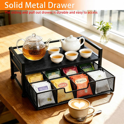 Tea Bag Organizer, Wooden Tea Box with Drawer and Top Tray, Rustic Brown