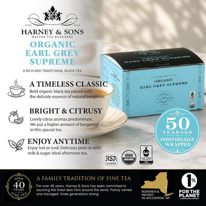 Harney & Sons Organic Earl Grey Supreme Tea Bags, 50 Count