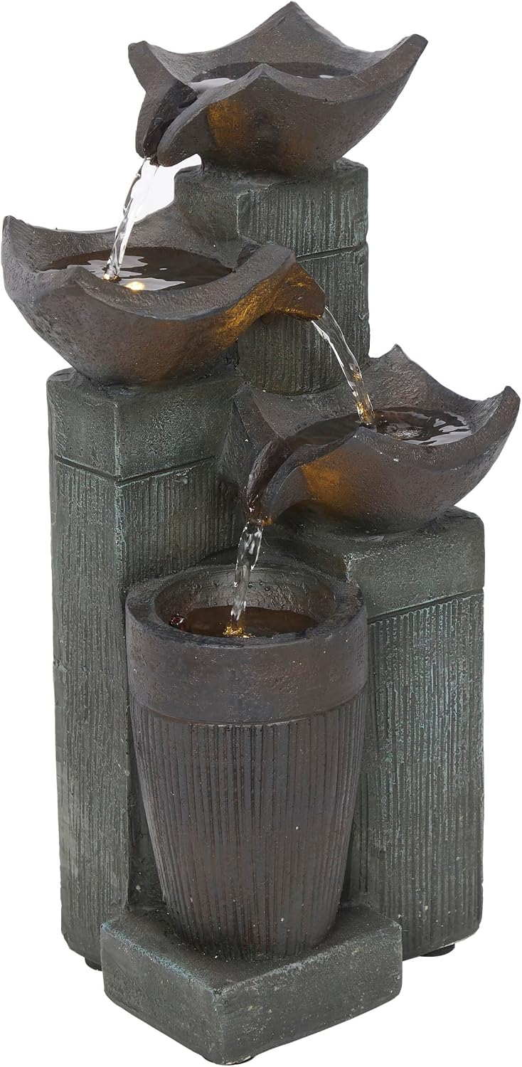 Alpine Corporatio 14" Tall Stoned Jar Cascading Water Fountain with LED Lights, Elegant Tabletop Water Feature for Home, Office, Living Room, and Bedroom Decor, Gray