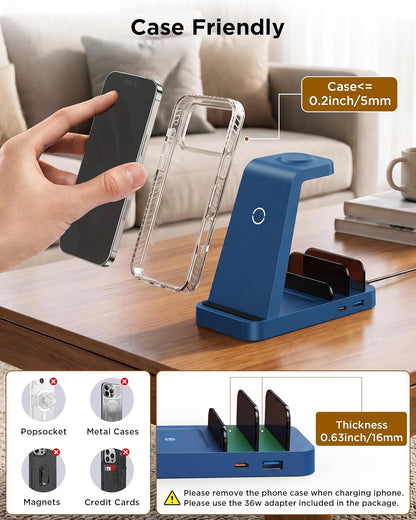 Wireless Charger for iPhone - 5 in 1 Charging Station for Multiple Devices Apple: Fast Wireless Charging Stand Dock for iPhone 17 16e 16 15 14 13 12 Pro Max Apple Watch Airpods