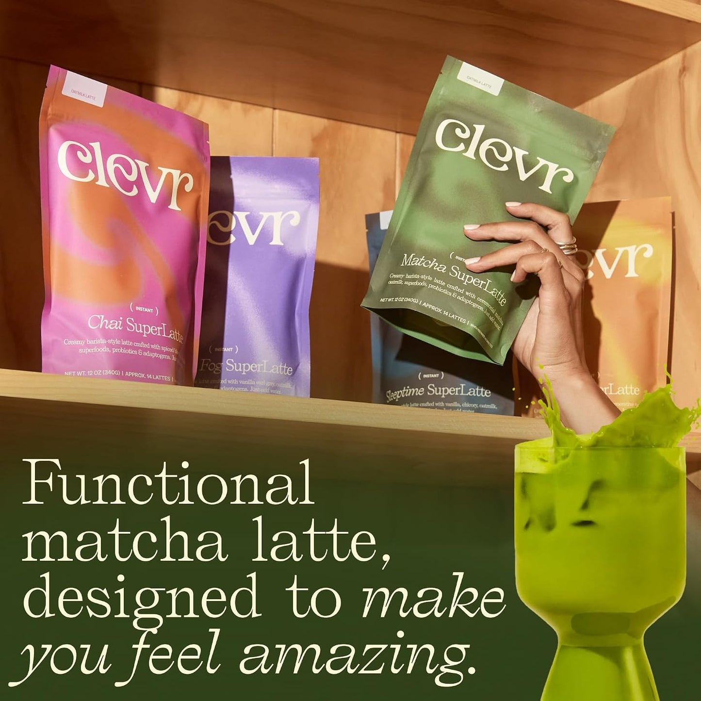 Clevr Pistachio Matcha SuperLatte, Organic Ceremonial Grade, Instant Superfood Powder Blend with Lions Mane, Reishi Mushroom, Coconut Cream, Ashwagandha, Serve Hot or Iced (14 Lattes)