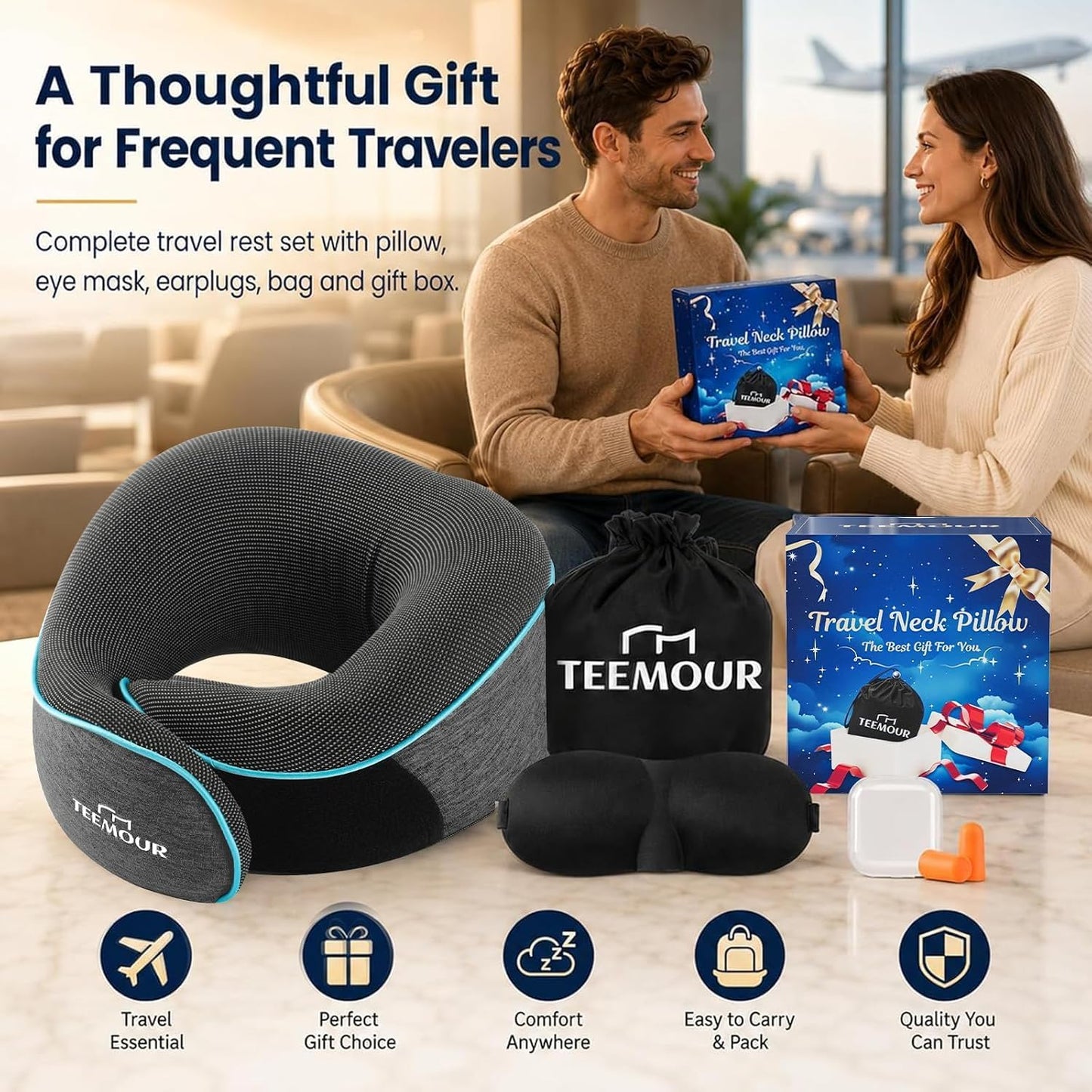 Travel Pillow Neck Pillow for Airplane Travel Essentials - Memory Foam Travel Neck Pillow, Stops Head Bobbing With Eye Mask & Earplugs, Portable Carry Bag for Long Flights| Airplane Accessories Black