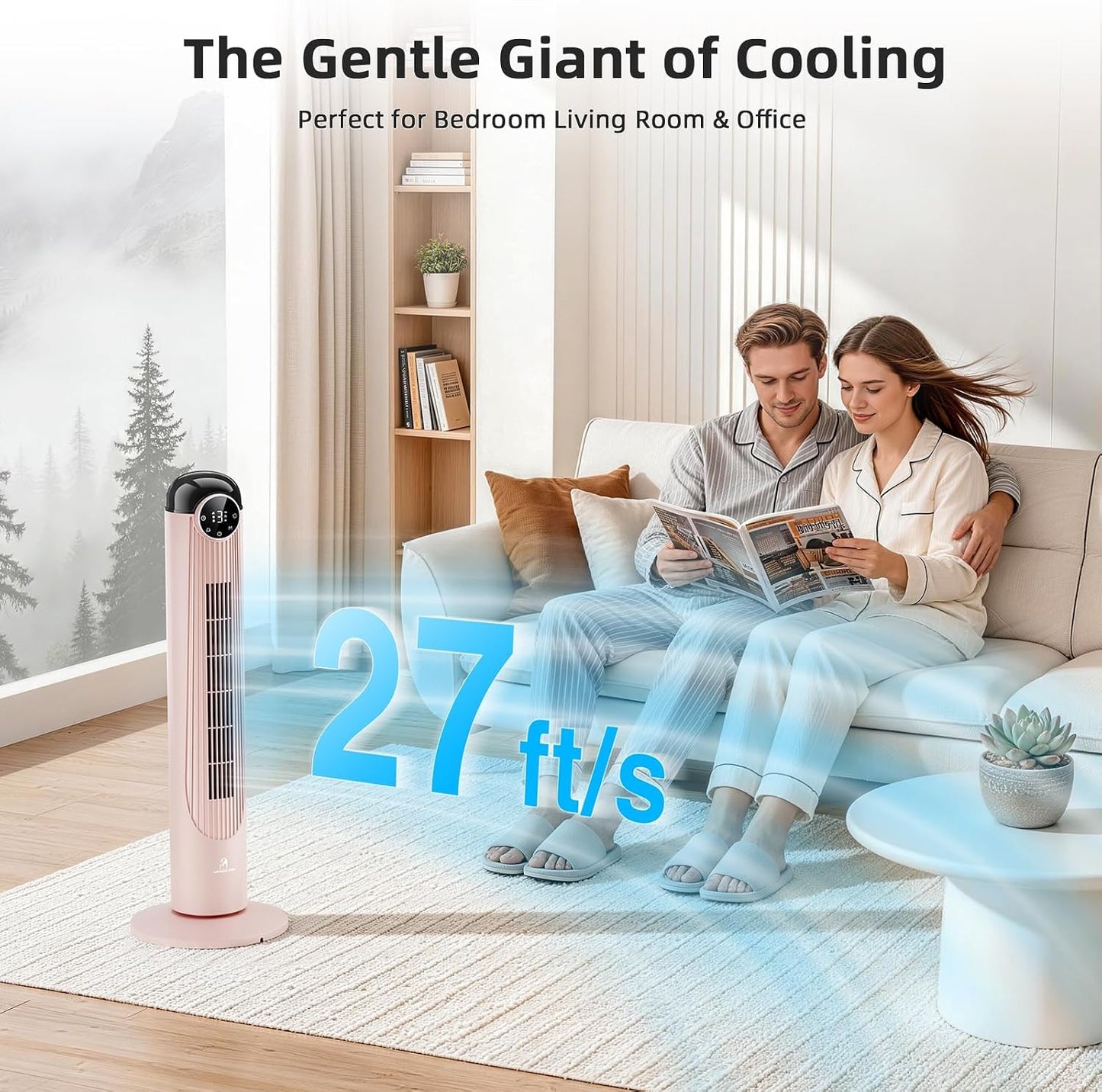 Antarctic Star T36 Tower Fan-36 Inch, Bladeless Oscillating Fan with Remote, 6 Speeds & 4 Modes, LED Display, 9H Timer, Quiet Floor Standing Fan for Bedroom Living Room Office, Pink