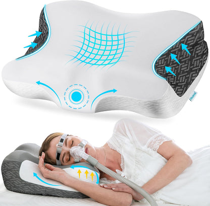 Elviros Cervical Neck Pillow for Neck Pain Relief, CPAP Pillow for Side, Back & Stomach Sleepers, Ergonomic Orthopedic Pillow for CPAP Users to Reduce Air Leaks and Mask Pressure, Dark Grey