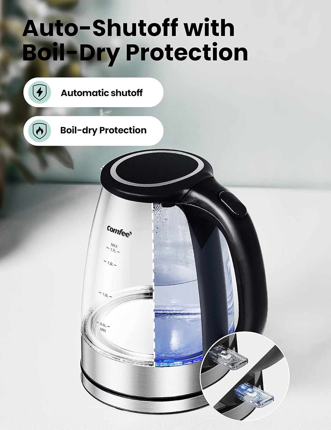 COMFEE' 1.7L Glass Tea Kettle and Kettle Water Boiler - Electric Kettle Temperature Control with 6 Presets, 2-Hr Keep Warm, Fast Heating, 304 Stainless Steel, Auto-Off and Boil-Dry Protection