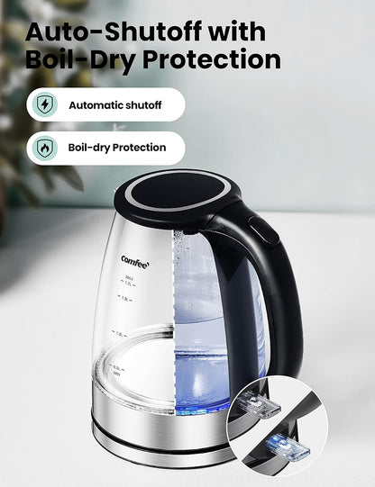 COMFEE' 1.7L Glass Tea Kettle and Kettle Water Boiler - Electric Kettle Temperature Control with 6 Presets, 2-Hr Keep Warm, Fast Heating, 304 Stainless Steel, Auto-Off and Boil-Dry Protection