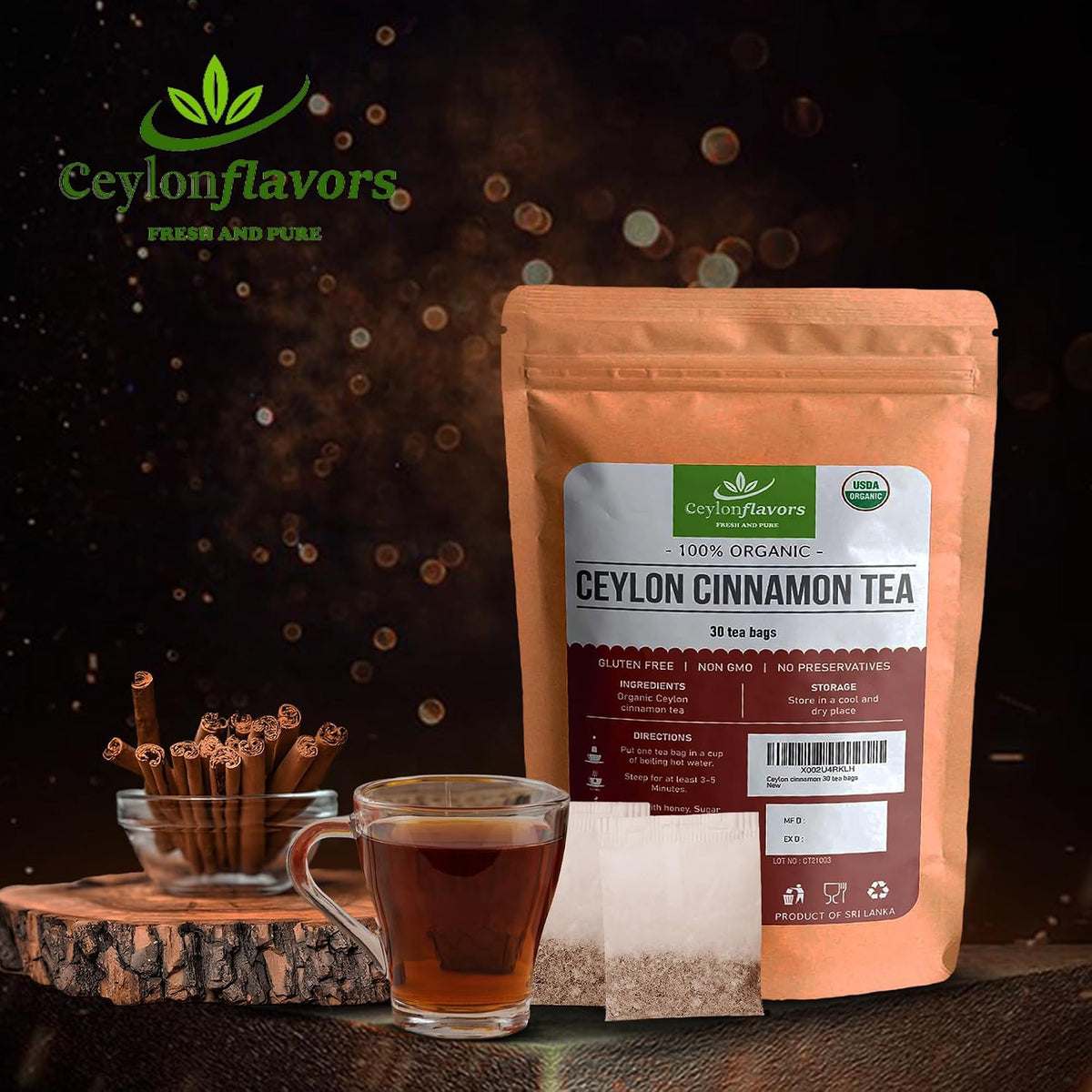 Ceylon Flavors Fresh and Pure Organic Ceylon Cinnamon, 30 Tea Bags, 100% Plant-Based Food-Grade Tea Bags, From Sri Lanka, USDA Certified Organic