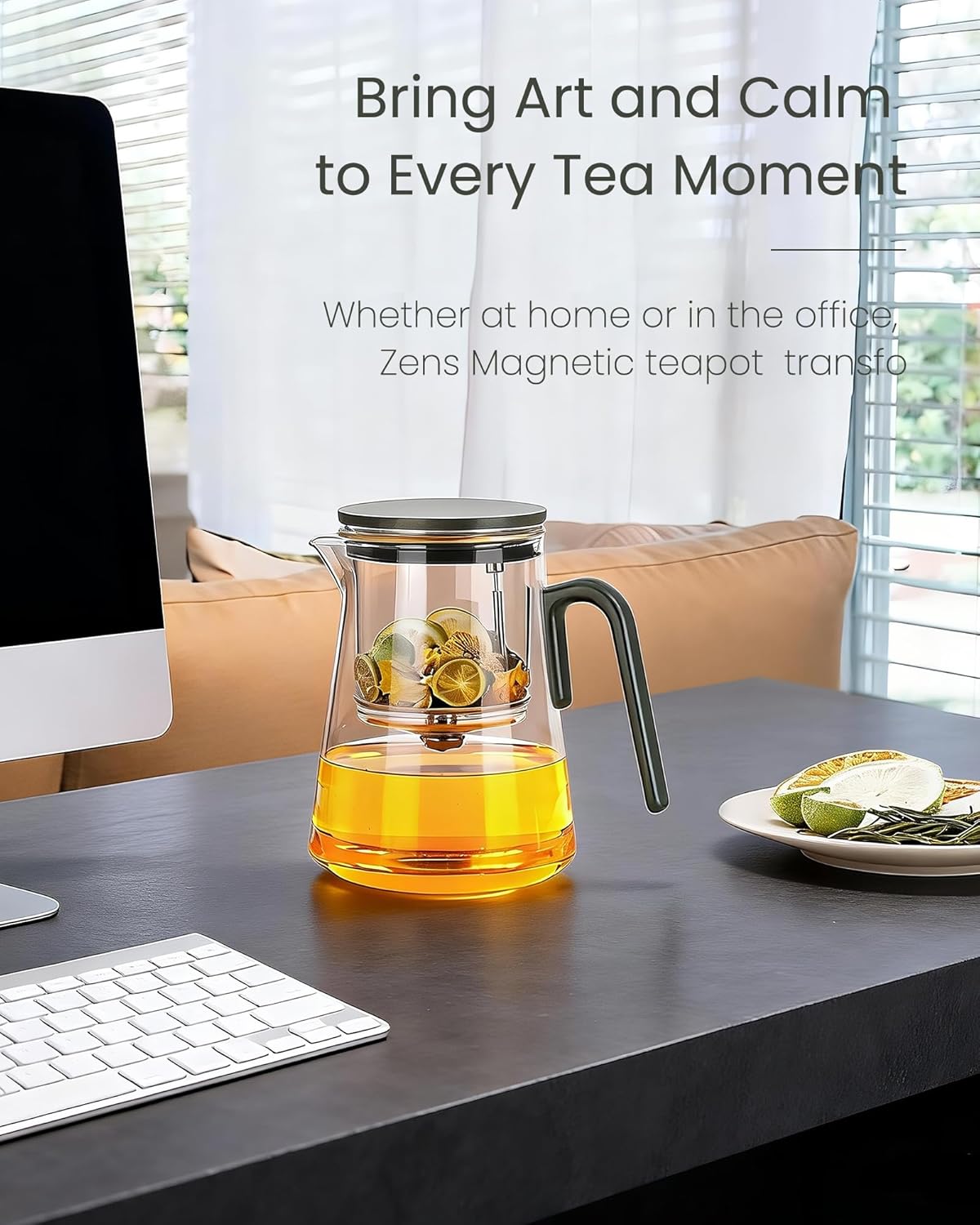 ZENS Magnetic Tea Pot, Enchanted Glass Teapot with Infuser and Magnetic Suction Lid for Mess-Free Loose Tea Diffusers, Walnut Wood Handle, Tea Lovers Gifts