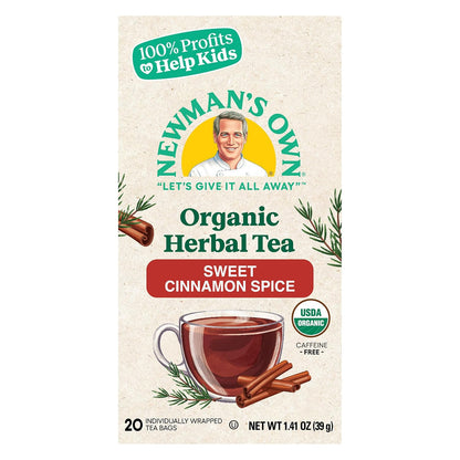 Newman's Own Organic Sweet Cinnamon Spice Herbal Tea with Rooibos Tea with Organic Ginger 20 Individually Wrapped Tea Bags Per Box USDA Certified and Kosher Cinnamon Tea Caffeine-Free