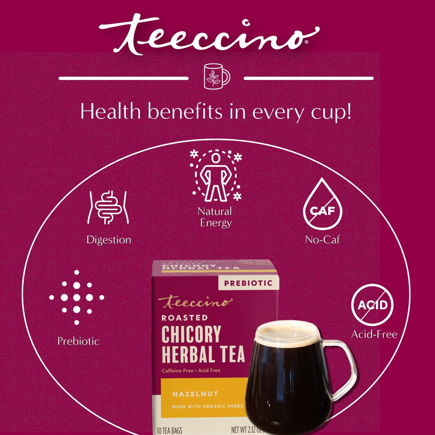 Teeccino Holiday Herbal Tea Sampler Assortment - Candy Cane, Gingerbread, Snickerdoodle - Caffeine-Free Holiday Dessert Teas with Prebiotic Chicory, 12 Tea Bags