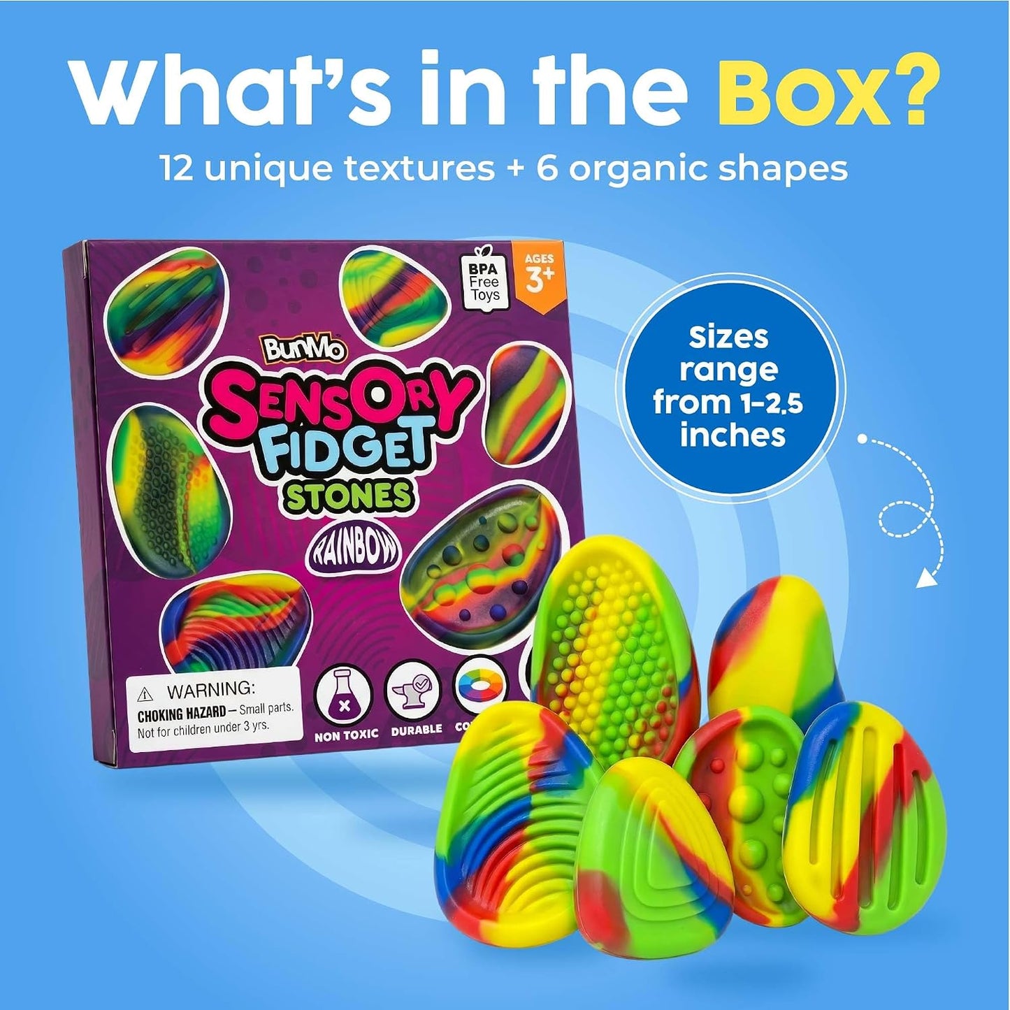 BUNMO Fidget Toys - Fidget Stones Sensory Toys – 6pk Pastel | Silicone Worry Stones for Kids Ages 3+ | Portable, Textured, Quiet Sensory Stones for Hands-On Play